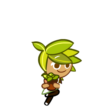 a cartoon cookie with green, leafy hair, brown eyes, a white apron, and holding a plant in a pot